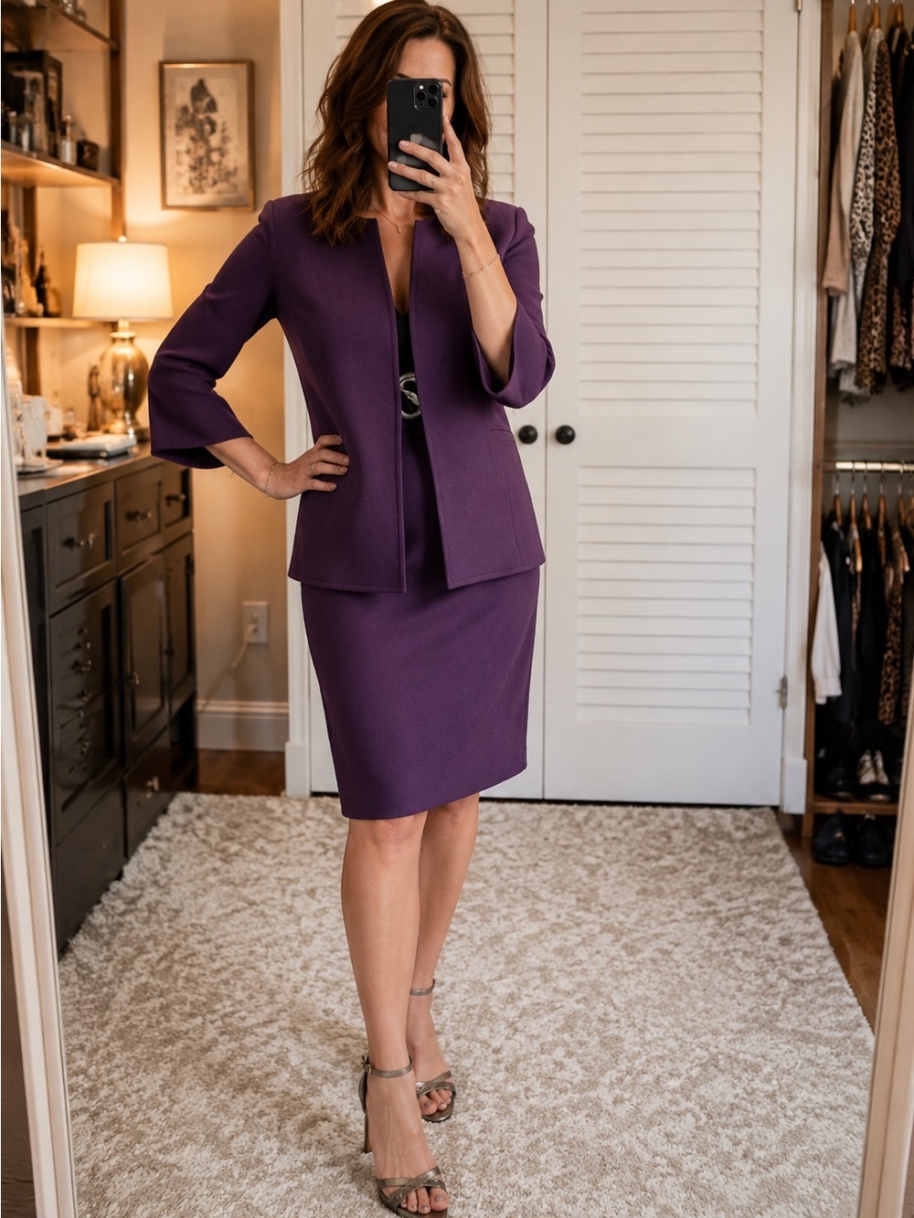 Elegant Eggplant Skirt Suit Set • Made in London • Elegant Blazer & Skirt US10